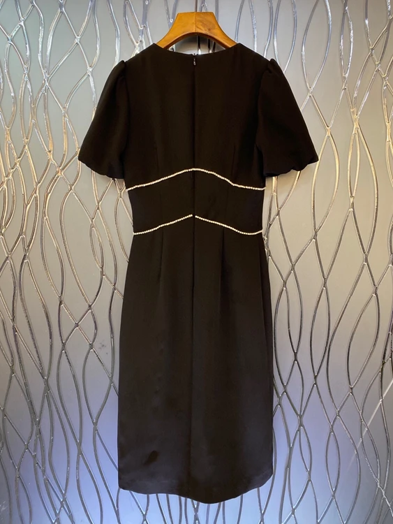 

2021 new women fashion V-neck waist dress with diamonds and hem slit short-sleeved skirt 730