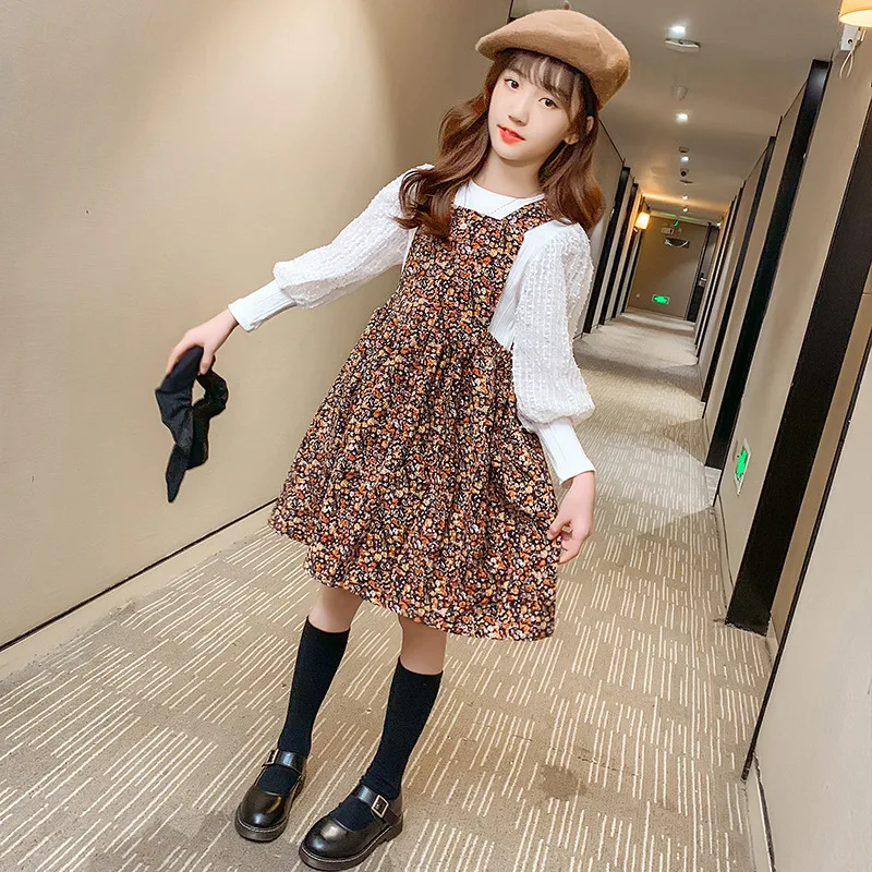 

2021 Girls Puff Sleeve Bottoming Shirt + Casual Floral Dress Two-piece Set