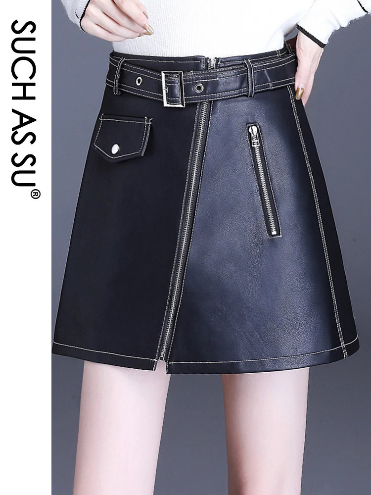 

Женская кожаная юбка с высокой талией, черная трапециевидная мини-юбка из искусственной кожи в стиле панк с поясом, Осень-зима 2022