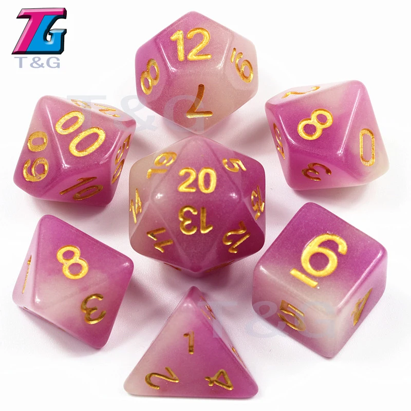 Purple Новое поступление, 7 шт./лот, высокое качество, смешанный цвет, светится в темноте, кости для D& D D4, 6,8, 10,10%, 12,20, набор ролевых игр - Цвет: Purple