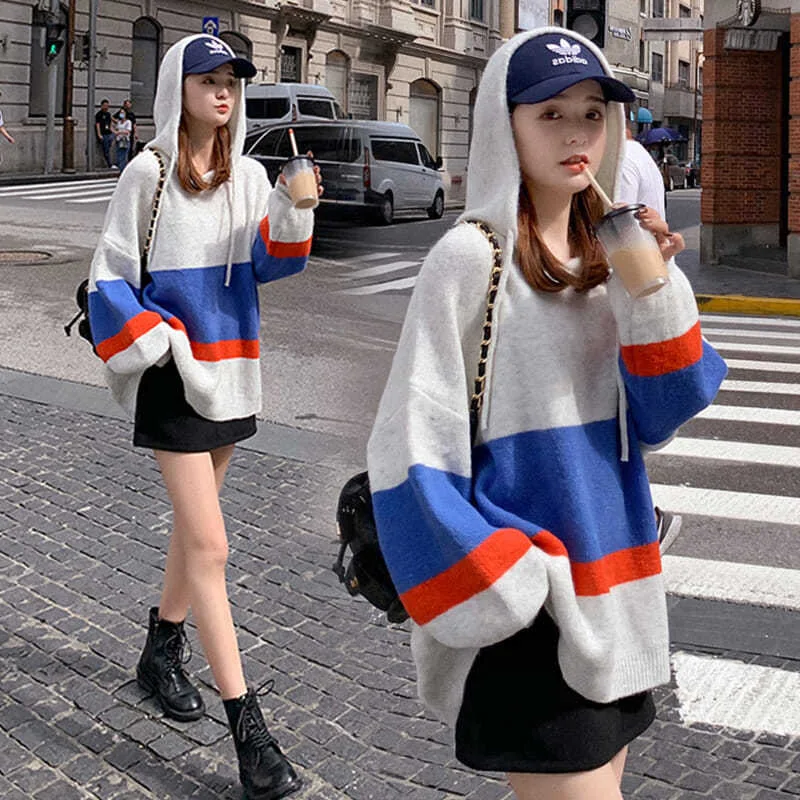 

2021 Autumn And Winter New Fat Plus Size Women's Clothing Lazy Wind Hooded Letters Comfortable Fine Loose Knitting College Ladie
