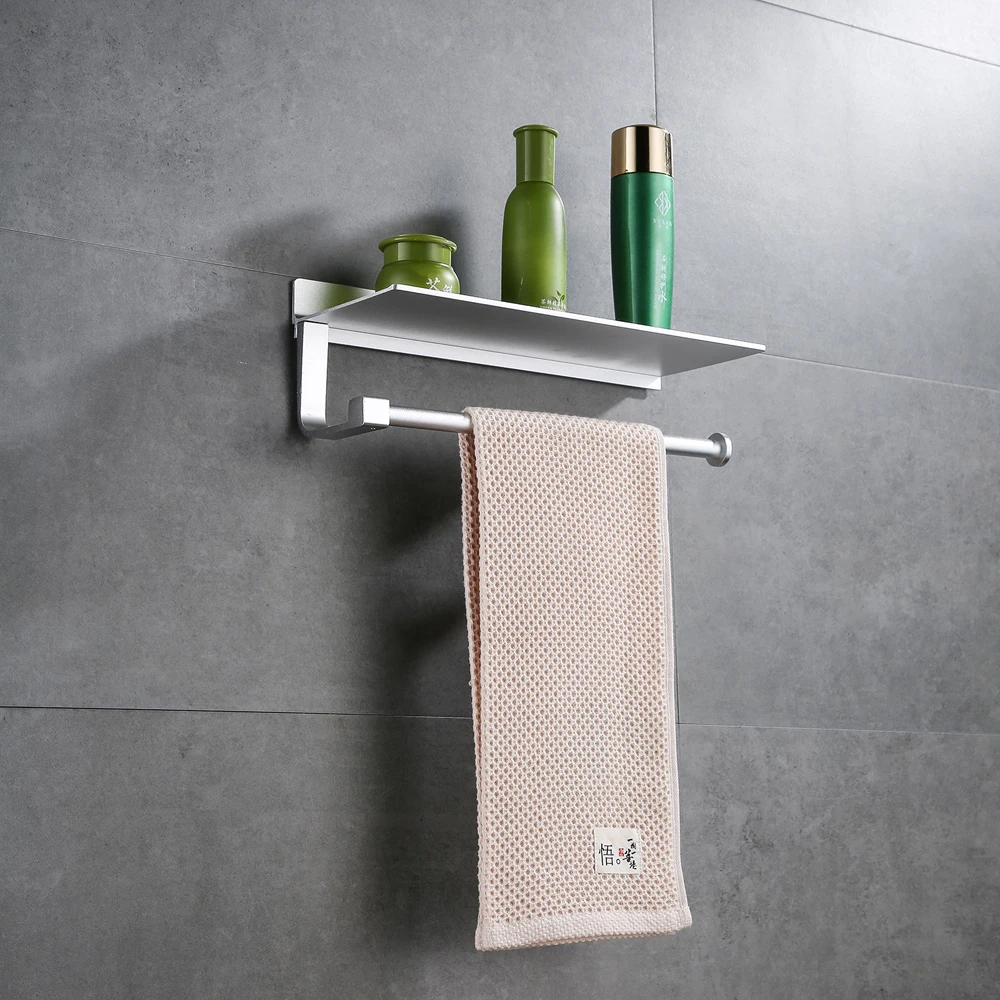 

Wall Mounted Bathroom Towel Holder Rack with Shelf Multi-function Kitchen Shelf with Bar Aluminum