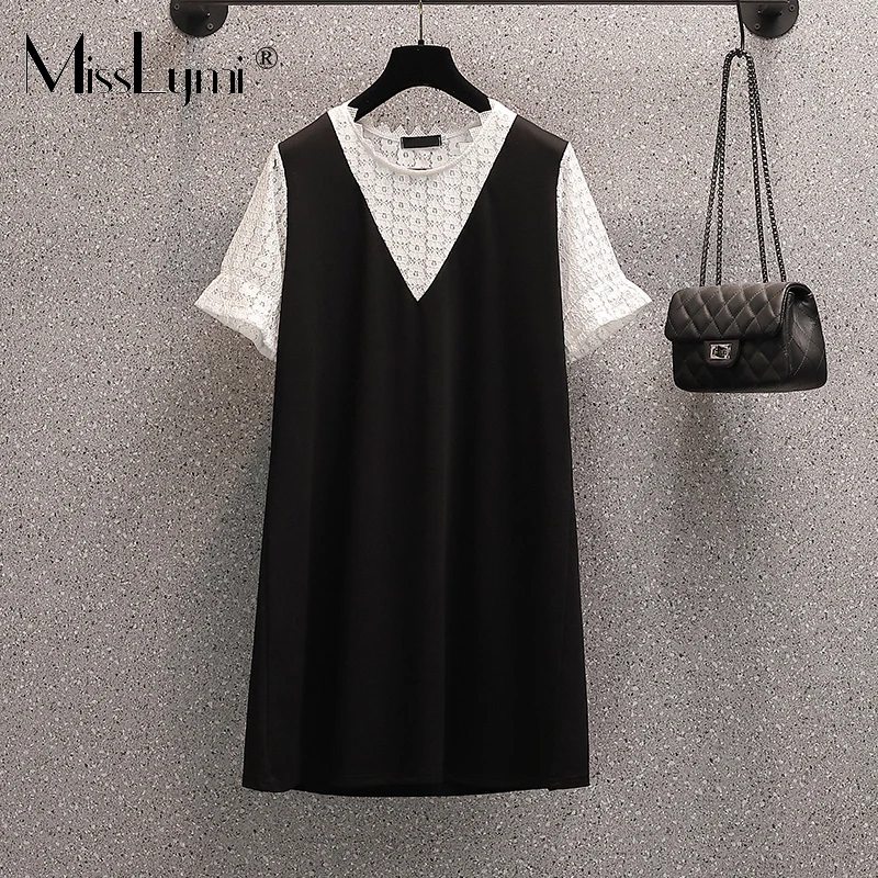 

MissLymi L-4XL Plus Size Women Lace Patchwork Fake two Pieces Dress Black Summer 2021 Korea Casual Flare Short Sleve Loose Dress
