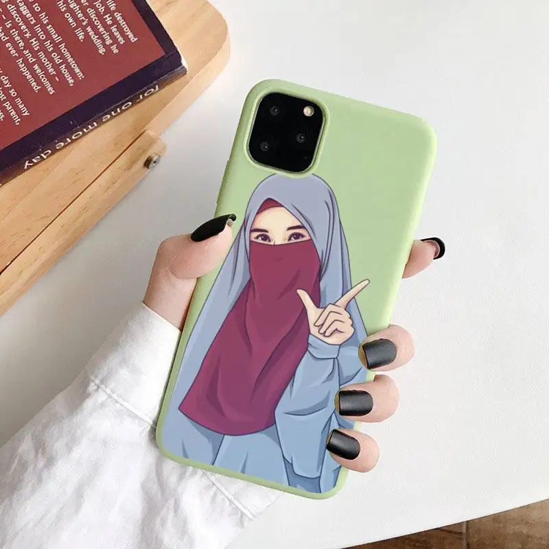 

Muslim girl cute cartoon Phone Case Green Candy Color for iPhone 6 7 8 11 12 s mini pro X XS XR MAX Plus
