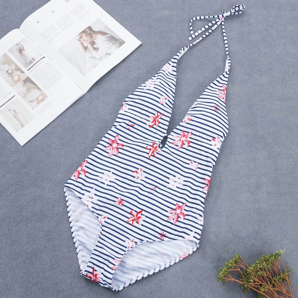 Женский слитный купальник монокини купальный костюм в полоску с открытой спиной