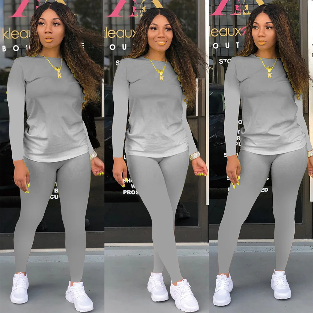 

Donsignet Women's Suit Fashion Summer Color Long-sleeved Trousers Slim Two-piece Suit Round Neck Pullover Solid Color Gradient