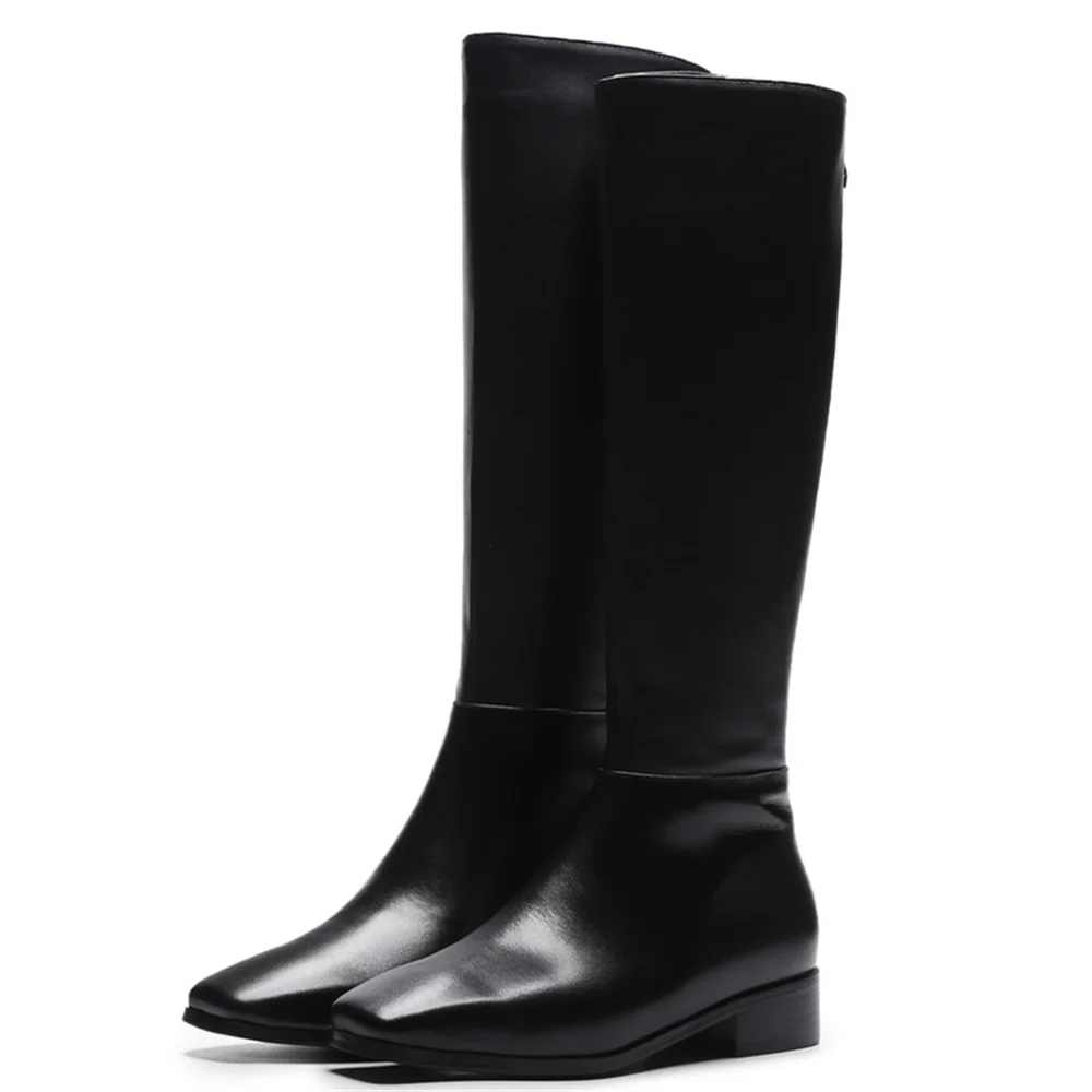 

Genuine Leather Square Toe Women Keep Warm Riding Knee High Boots Big Size Thick Mid Heel Handsome Black Shoes Aiyoway