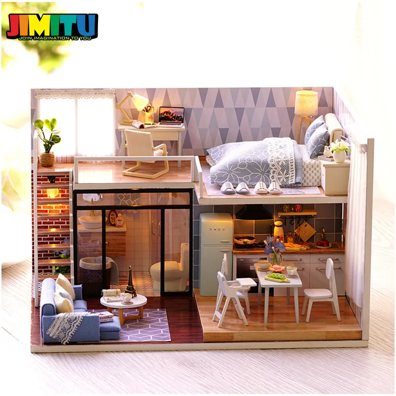 JIMITU CuteRoom Blue Time Кукольный дом DIY Миниатюрный с мебелью музыкальная световая крышка
