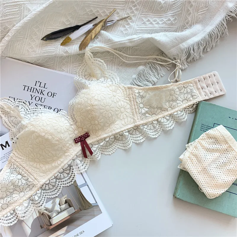 Милый кружевной бюстгальтер трусы набор для женщин пуш ап нижнее белье трусики