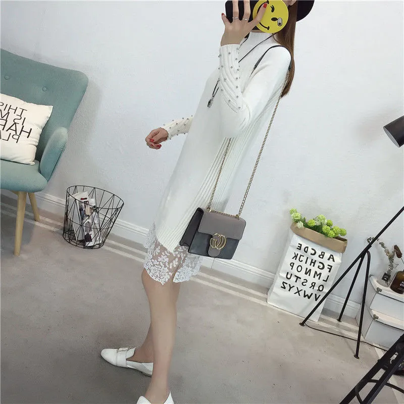 Зима плюс размер 2XL кружевное платье женское Макси вязаное длинное базовое с