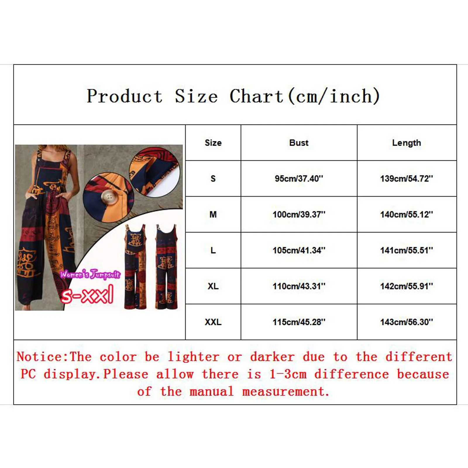 

JAYCOSIN Womens Loose Wide Leg Rompers Womens Jumpsuit Fashion Ethnic Style Patchwork Vintage Printed Buttons Suspender Jumpsuit