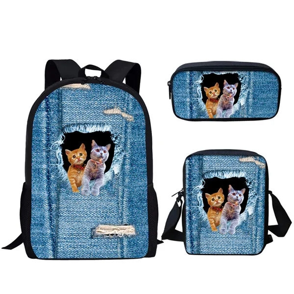 HaoYun 3PCs/Set Kids School Bag Black Cats Prints Pattern Bag Kawaii Jeans Design Cat Backpack/Flaps Bag/Pen Bags