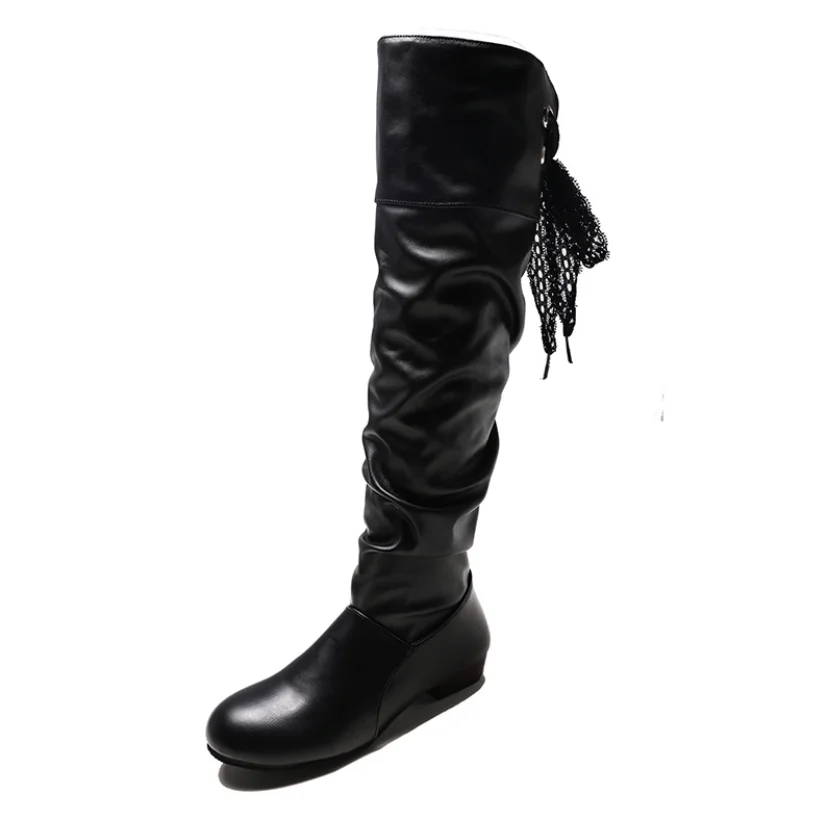 Black (tassel) Женские зимние сапоги; коллекция года; модные высокие сапоги в стиле панк; Цвет Коричневый, толстый, черный; женские сапоги из искусственной кожи со складками; большие размеры 43 - Цвет: Black (tassel)