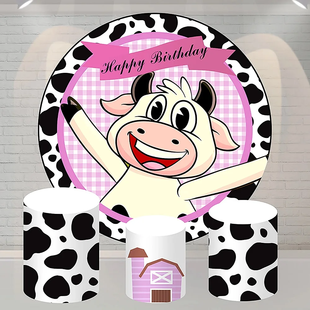 Baby Cow Round Backdrop Girl Two Birthday Party Decoration Pink Flower Gold Dots Cake Smash Photography Background Photo Studio
