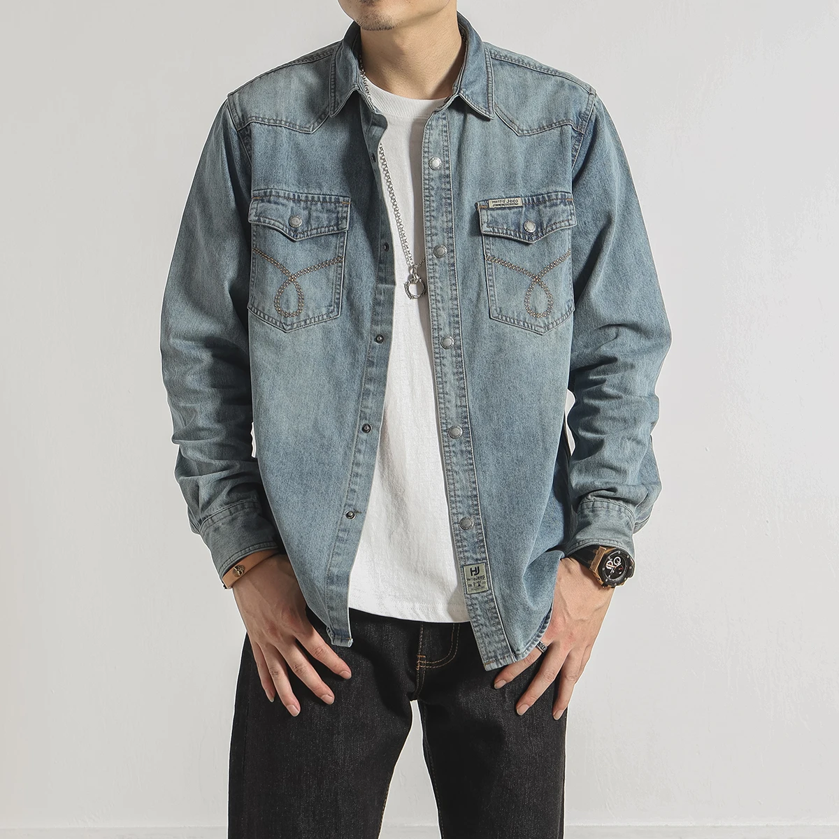 

Cotton Loose Shirts Vintage Denim Long Sleeve Casual Slim Fit Streetwear Fashion Button Shirts Ropa Hombre Men's Clothing DB60SH