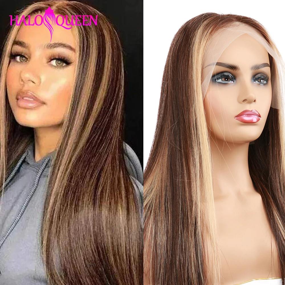 P4/27 Highlight Straight Lace Front Wig Human Hair Wigs Frontal Blonde Ombre Brown Colored Prepluck Remy | Шиньоны и парики