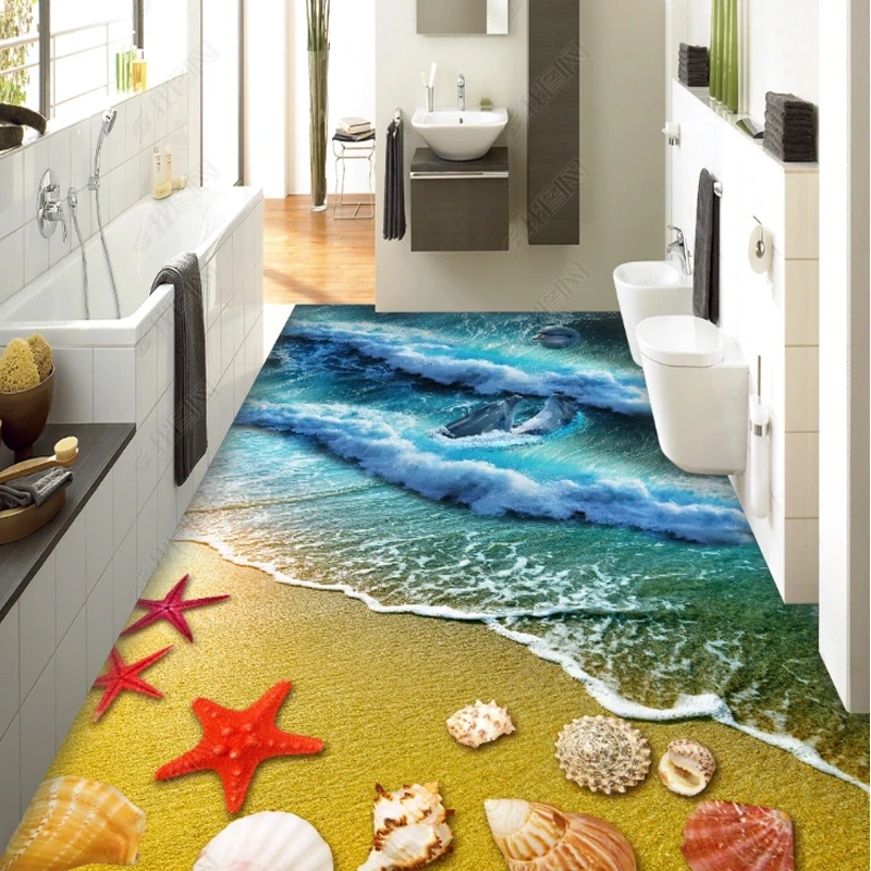 

Water-proof Wallpaper Adhesive Dolphin Starfish Beach Shell Painting 3d Floor Sticker