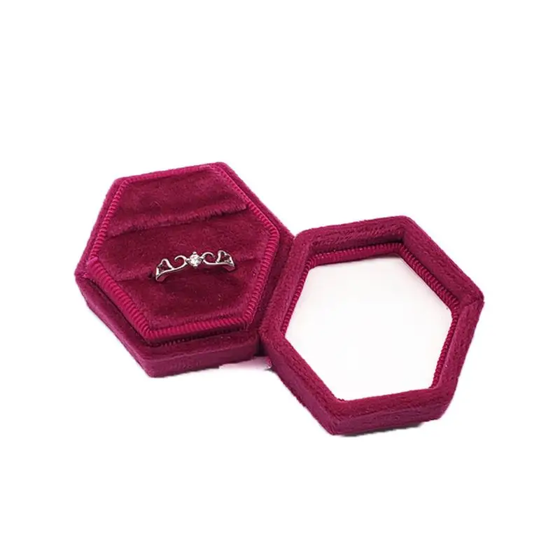 

2021 New Velvet Double Ring Box Hexagon Wedding Ceremony Ring Box with Detachable Lid
