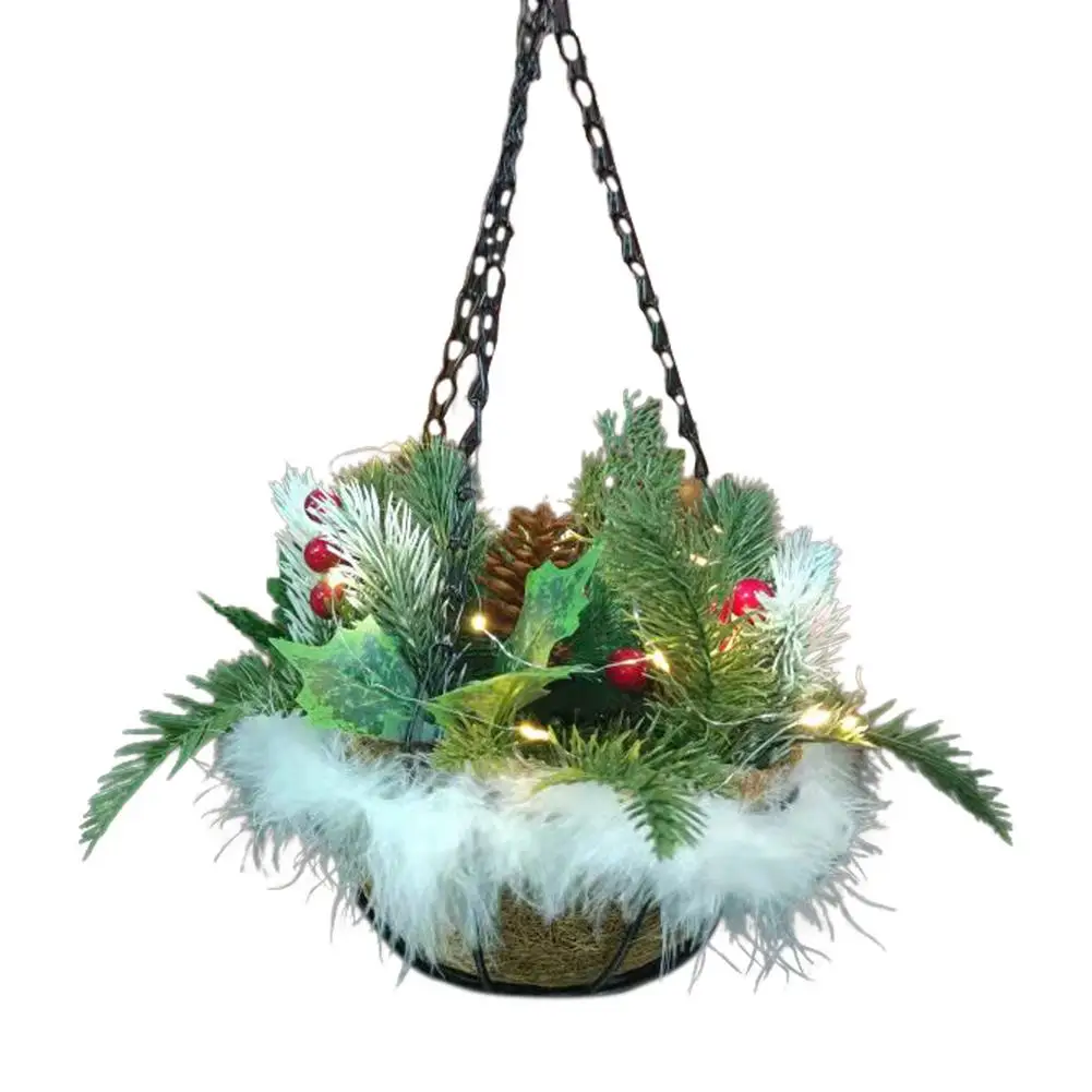 

Pre-Lit Christmas Hangings Basket Artificial Hangings Basket Ornament With LED String Lights For Farmhouse Patio Garden Window