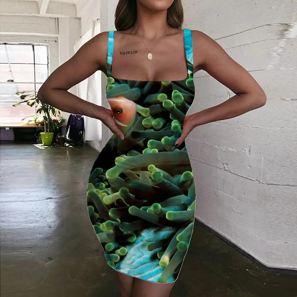 

KYKU Fish Dresses Women Animal 3d Print Ocean Vestido Sexy Harajuku Halter Sleeveless Womens Clothing Plus Size Short Boho