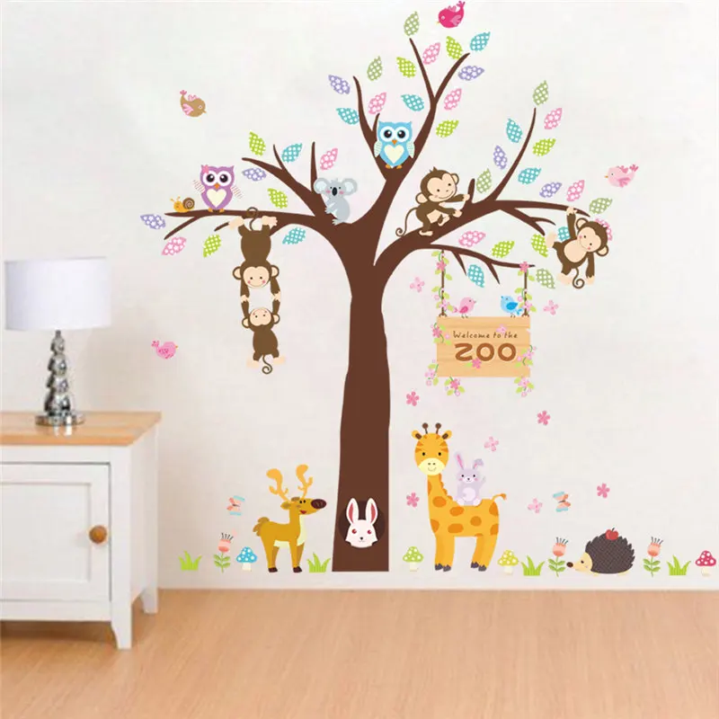 

Zoo Animal Big Tree Wall Stickers For Kids Room Kindergarten Home Decor Cartoon Owlet Monkey Giraffe Safari Mural Art Decal
