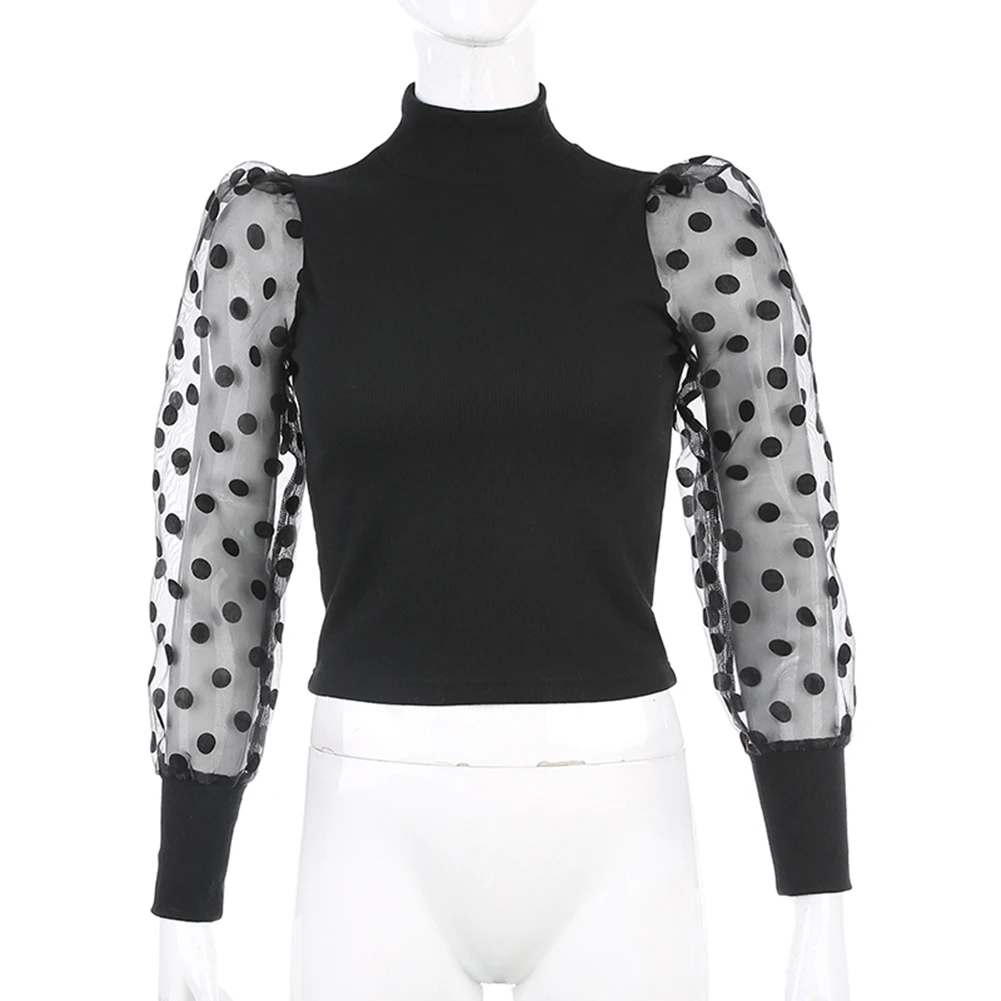 Женская Весенняя сетчатая рубашка с буфами и длинным рукавом ребристая