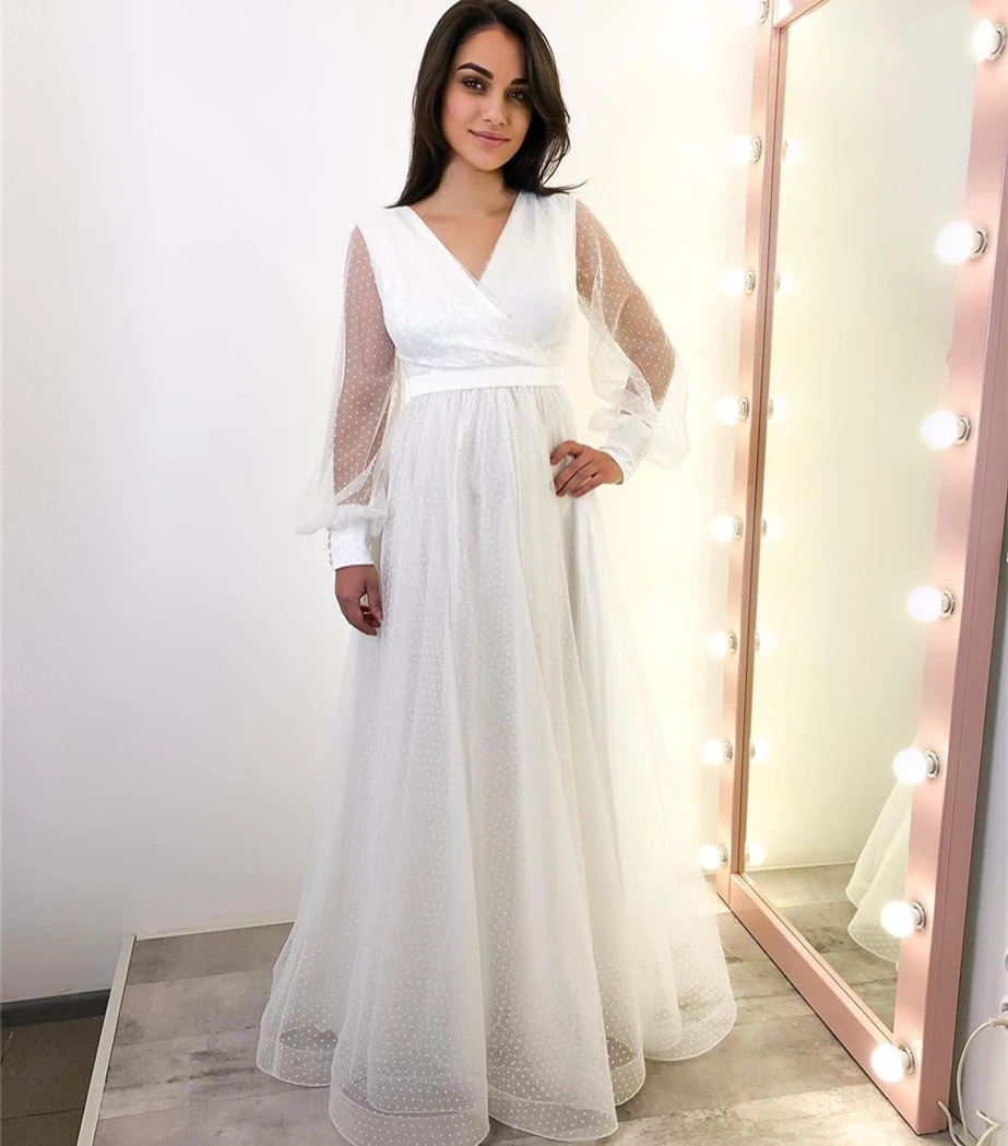 

Polka-Dot Wedding Dress A-Line V-Neck Illusion Lantern Sleeve Sashes Lace-Up Floor Length Formal Bride Gown Custom Made 2021