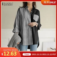 womens 2021 cotton linen blouse zanzea korean patchwork tops office lady spring lapel blusa casual long sleeves shirts oversized