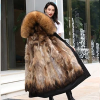 2021 new fashion women luxurious large raccoon fur collar hooded coat warm fox fur liner parkas x long winter jacket top quality