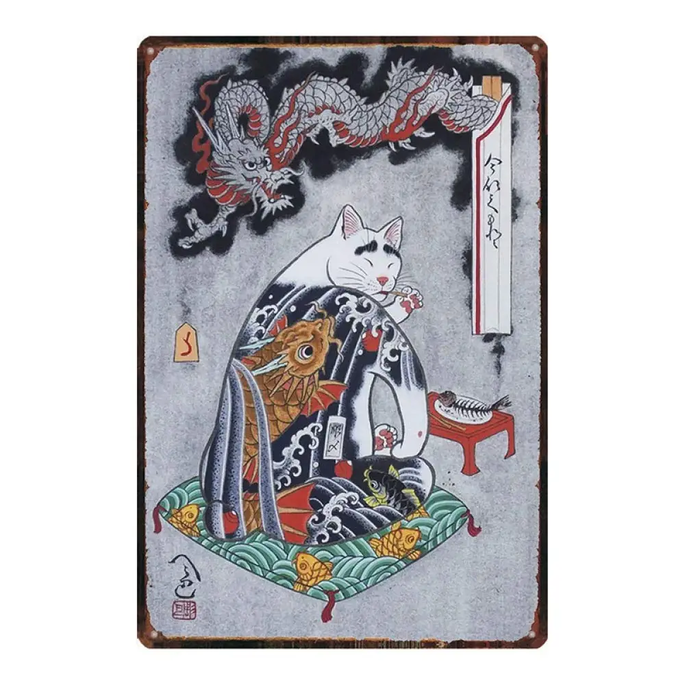 

Samurai Cat tin Sign Wall Iron Painting Retro Plaque Decoration Metal Poster Art Gift Warning Sign for Family Warehouse Garden