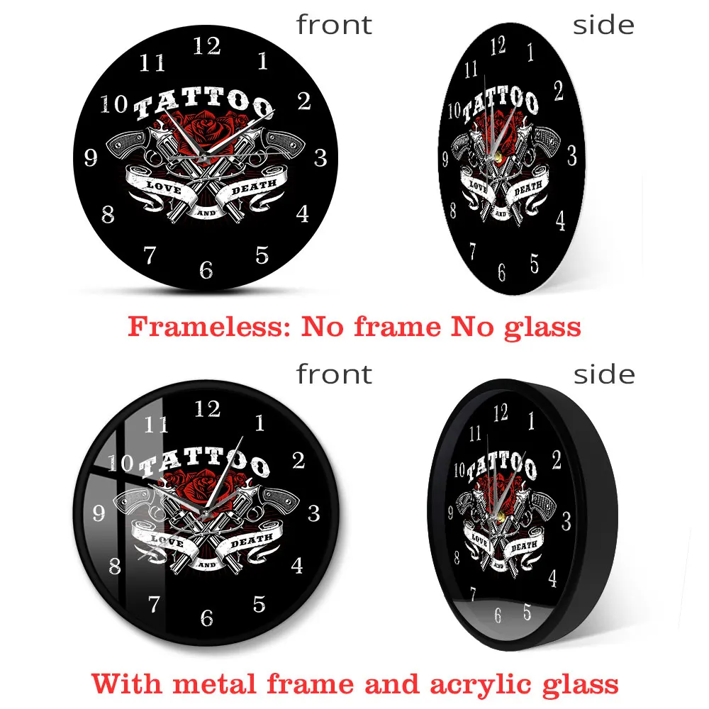 Tattoo Logo Printed Wall Clock Love And Death Rose Guns Studio Gothic Decor Art The Tattooist Gift | Дом и сад