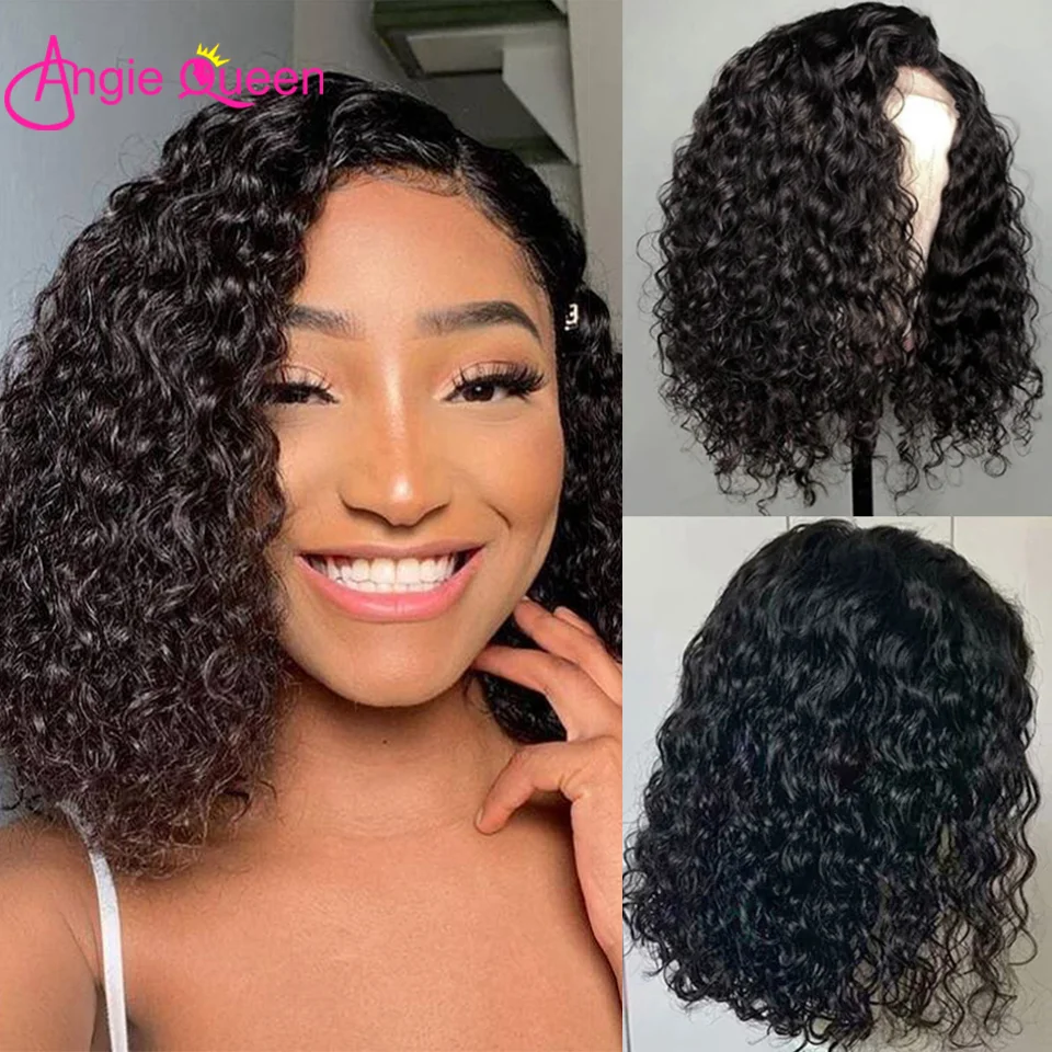 ANGIE QUEEN Short Bob Wig Lace Front Human Hair Wigs Pre Plucked Remy Hair Brazilian Water Wave Lace Frontal Wigs For Women