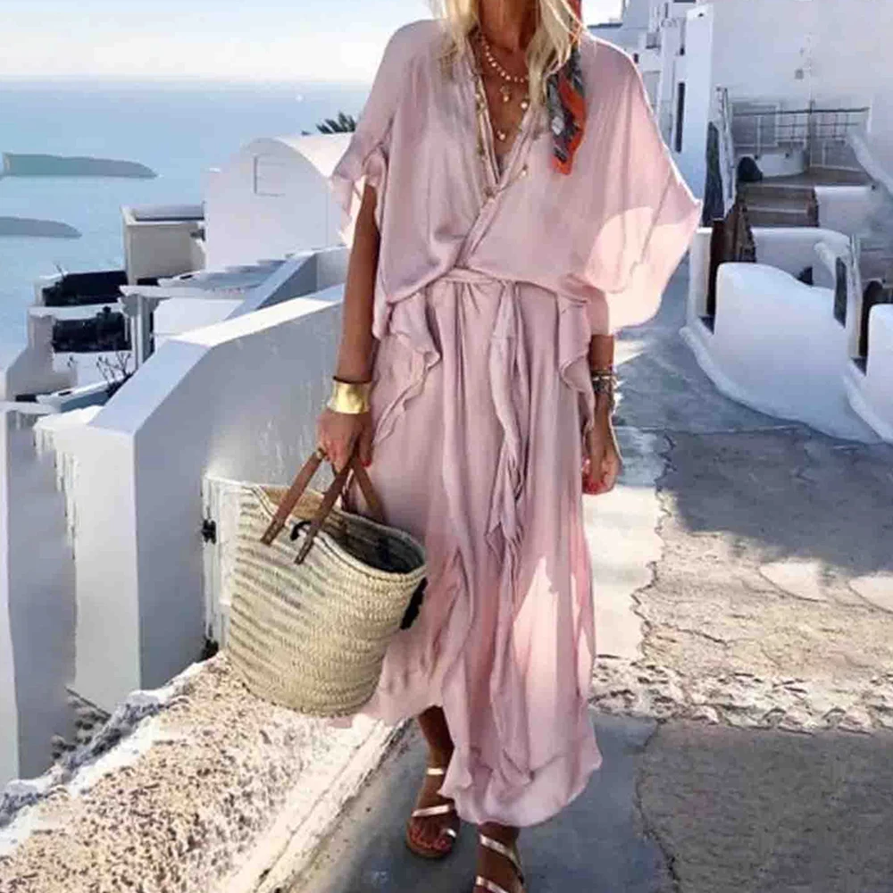 Длинное платье в стиле бохо женское свободное с коротким рукавом повседневное