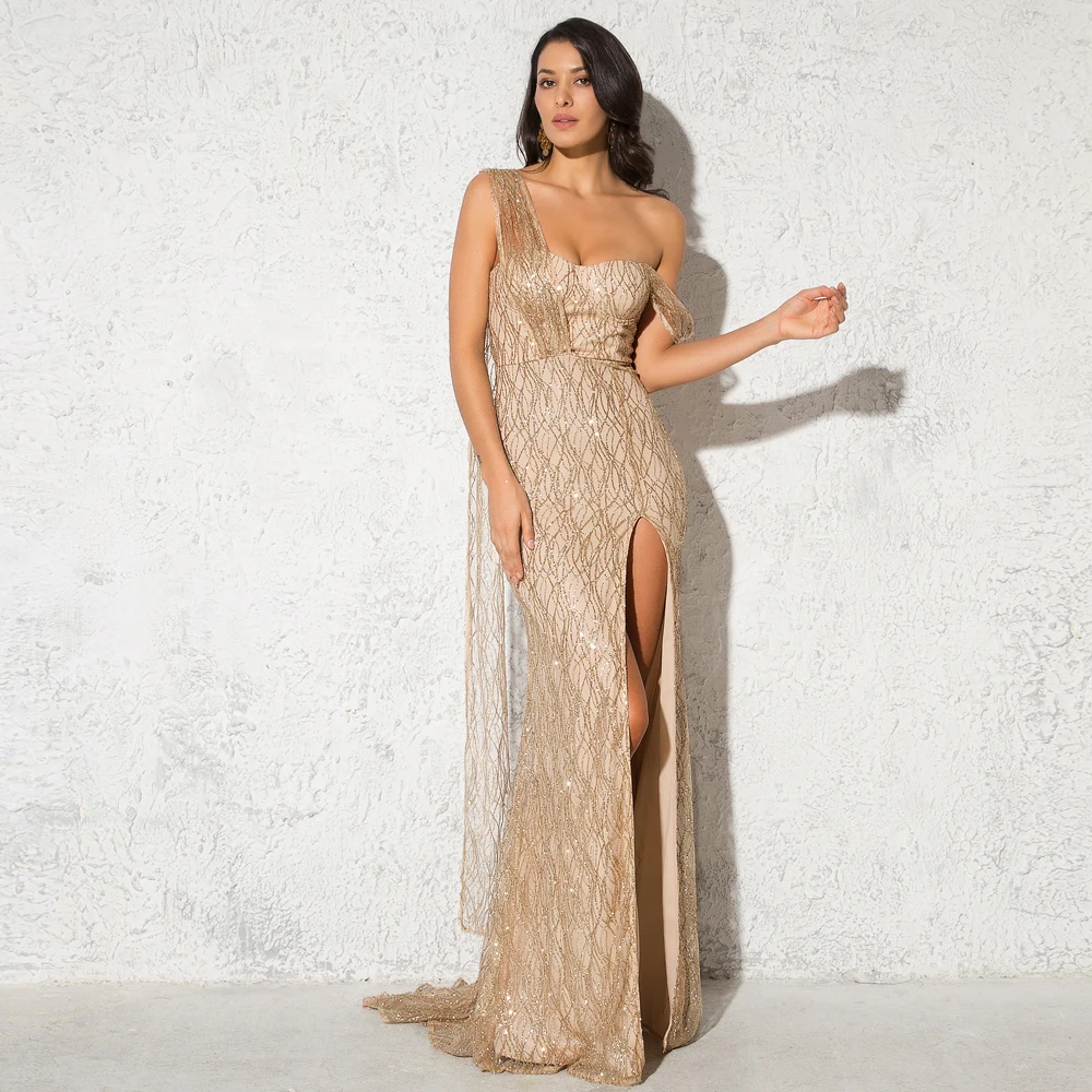 

Luxury Golden One Shoulder Glitter Celebrity Inspiration Long Dress Slit Leg Padded Ribbon Tulle Couture Prom Evening Gown