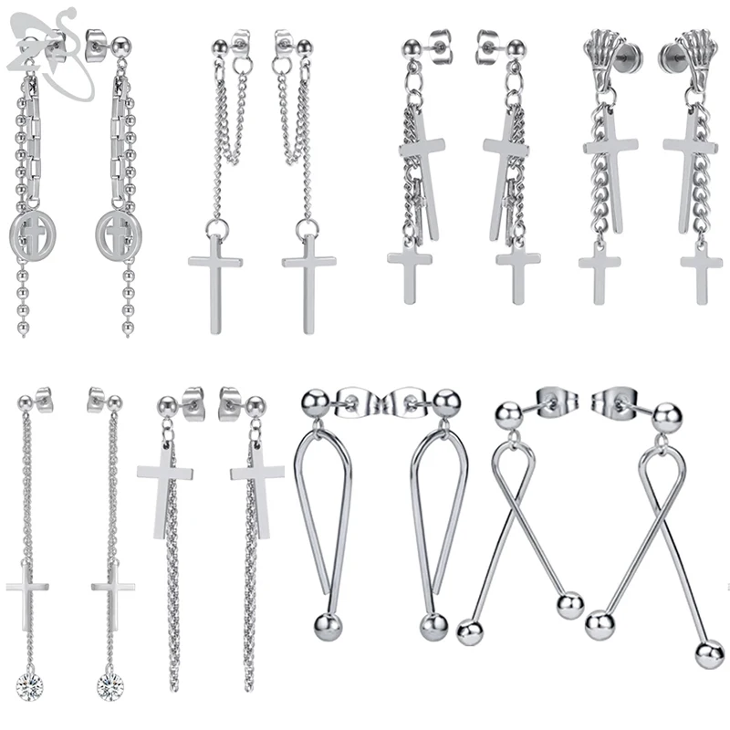 

ZS Kpop Drop Earrings Men Women Stainless Steel Cross Dangle Earring Tassel Korean Ear Studs Long Studs Earring Sliver Plated