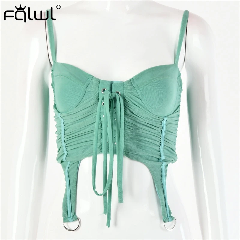 

FQLWL Lace Up Bandage White Black Crop Top Women Camis Spaghetti Strap Backless Bodycon Ruched T Shirt Female Sexy Club Tops
