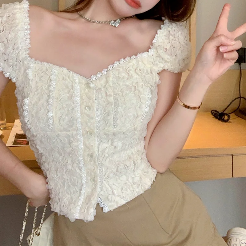 

Korejepo Women Shirts 2021 Summer Girl French Gentle Sweet Temperament Design Flower Single-Breasted Chiffon Puff Sleeve Blouses
