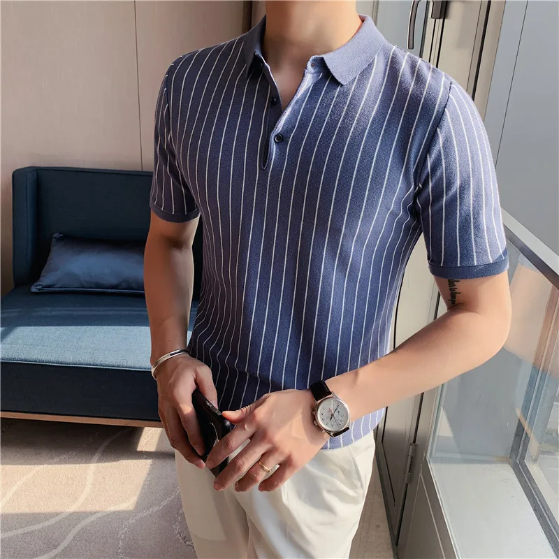 

British Style Spring Summer New Vertical Stripes Men Polo Shirts Short Sleeve Slim Fit Casual Stretched Knitted Polos Homme 4XL
