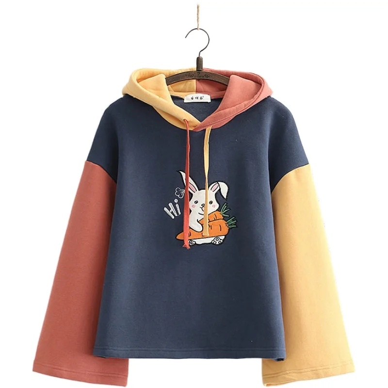 NEW Women Hooded Sweatshirts Harajuku Cartoon Embroidery Patchwork Hoodies 2020 Winter Fleece Thick Pullover Tracksuits 2010716