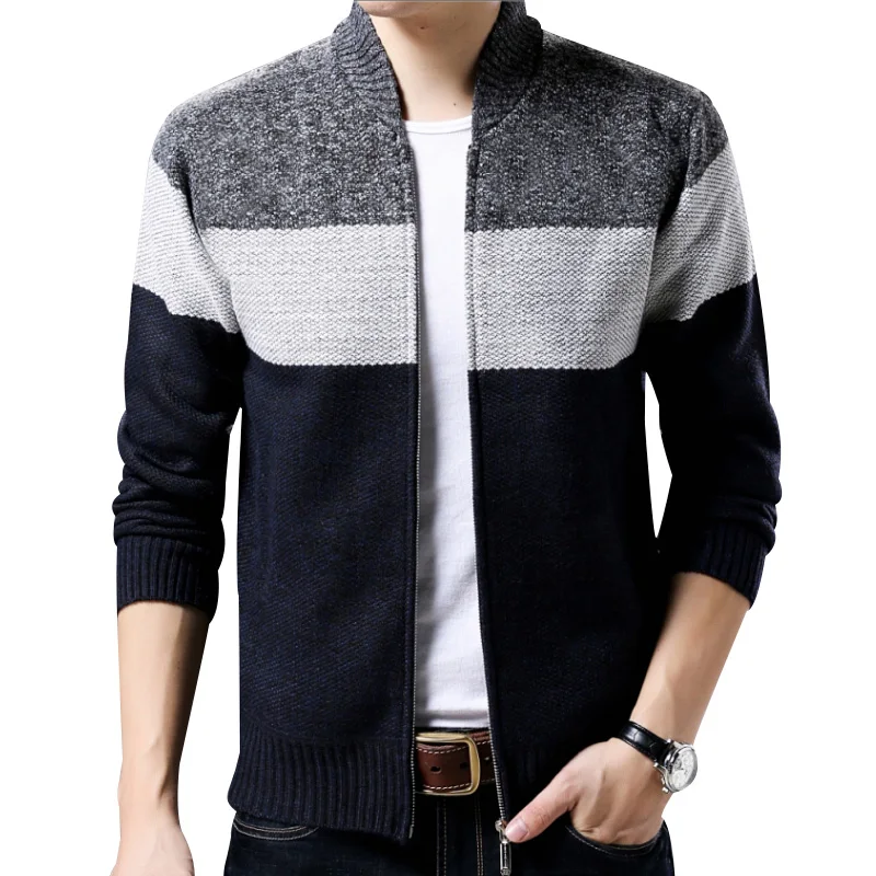 

Thickened Plus Velvet Baseball Collar Jacket Men Knit Sweater Zip Cardigan Streetwear Autumn Winter Casual Clothes Mens Coat