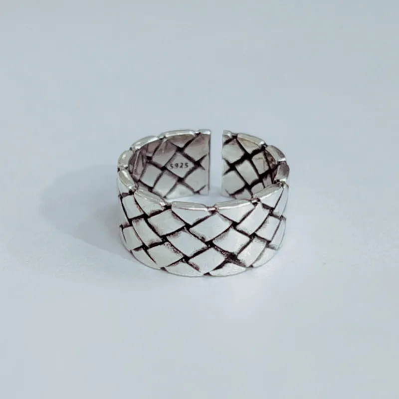 Authentic 925 Sterling Silver Fashion Retro Wide-Face Woven Mesh Opening Ring Fine Jewelry For Women Party Gift | Украшения и
