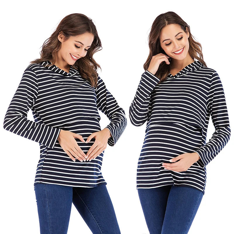

Pregnant Women Striped Hooded Loose Breastfeeding Long Sleeve T-Shirt Plus Size Maternity Clothes Pregnancy Nursing Casual Tops