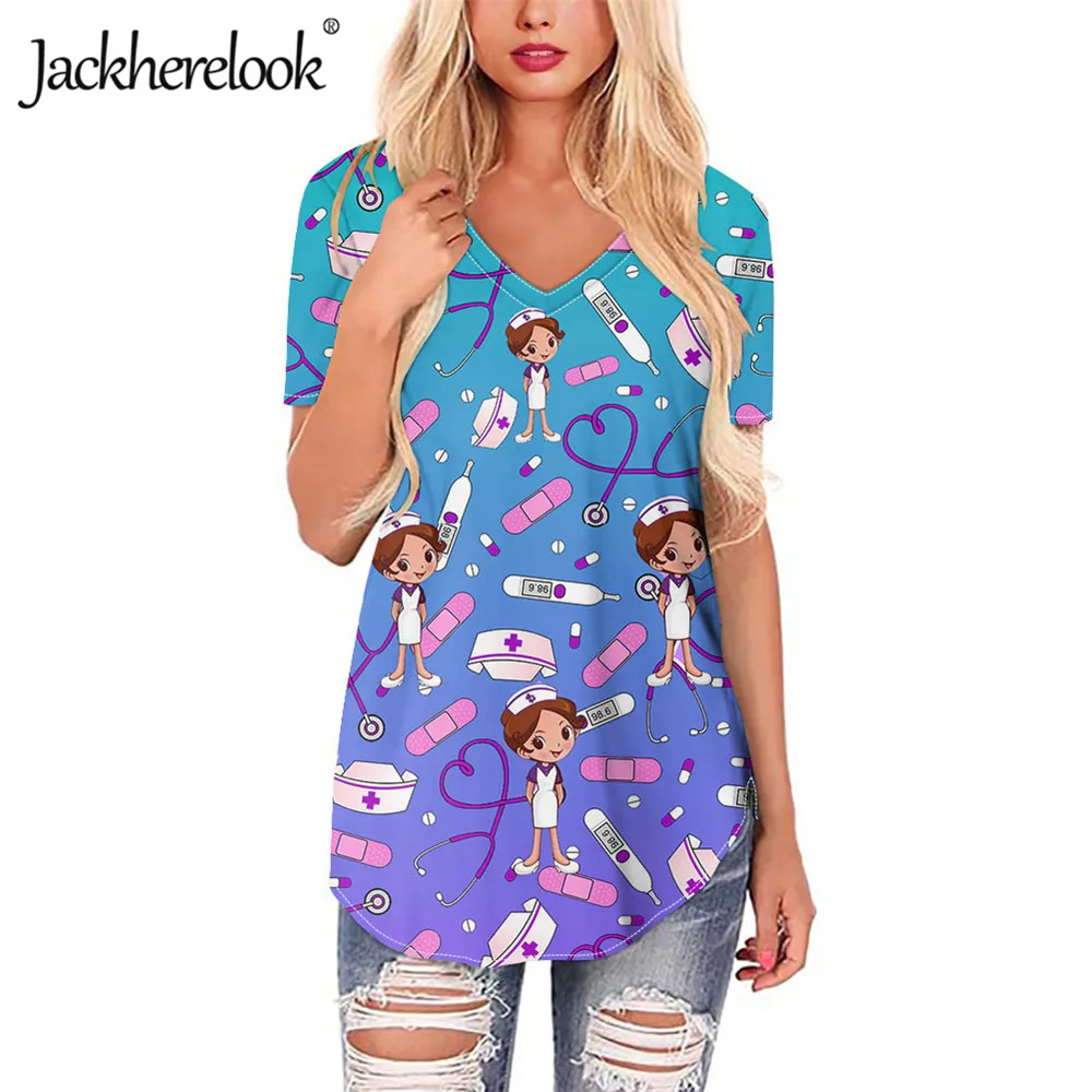 

Jackherelook Cute Cartoon Nurse Brand Design Gradient Blouses for Womens Plus Size Ladies Shirt Casual Short Sleeve Tops Shirts
