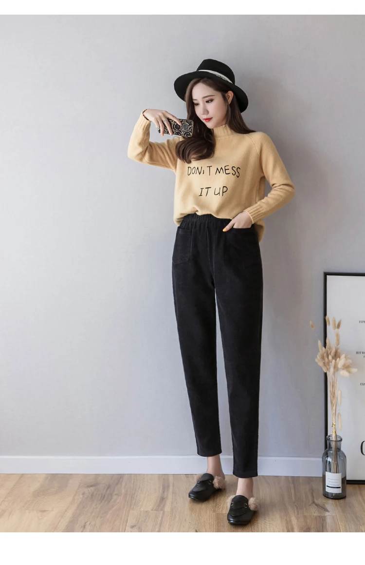 Уличная вельветовые шаровары женские осенне-зимние брюки с высокой талией с карманами женские повседневные брюки больших размеров pantalon femme