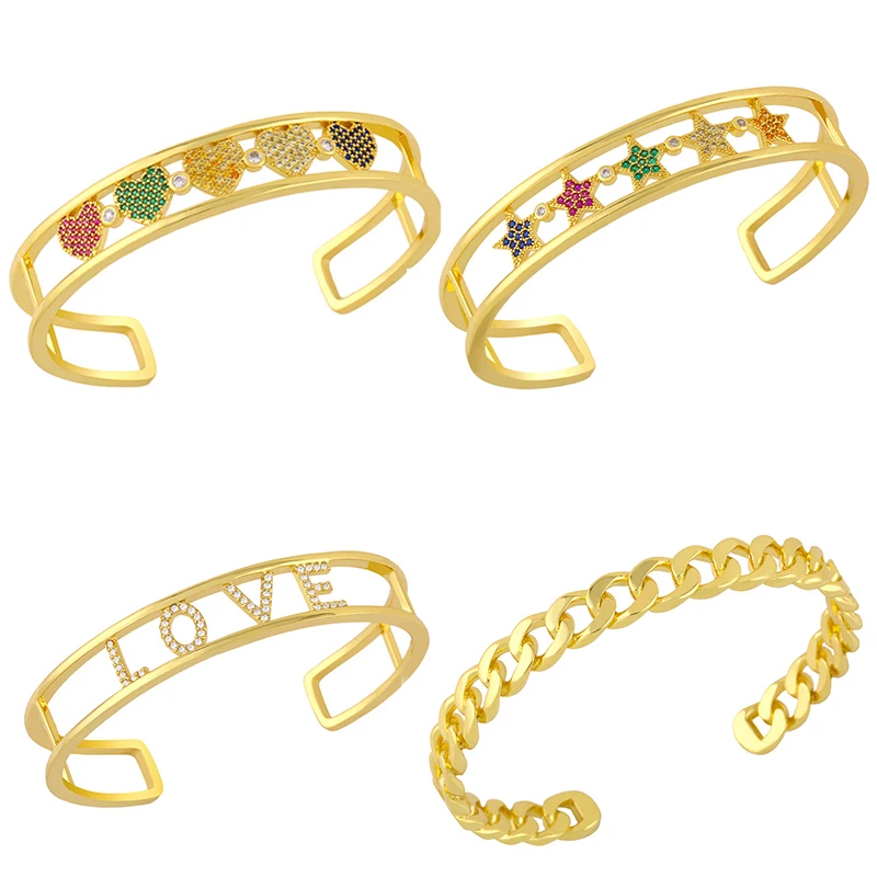 

Rainbow Women Bracelet Bangle Geometric Heart Star Cubic Zirconia Love Open Cuff Adjust Size Copper Jewelry Punk Hip Hop Luxury