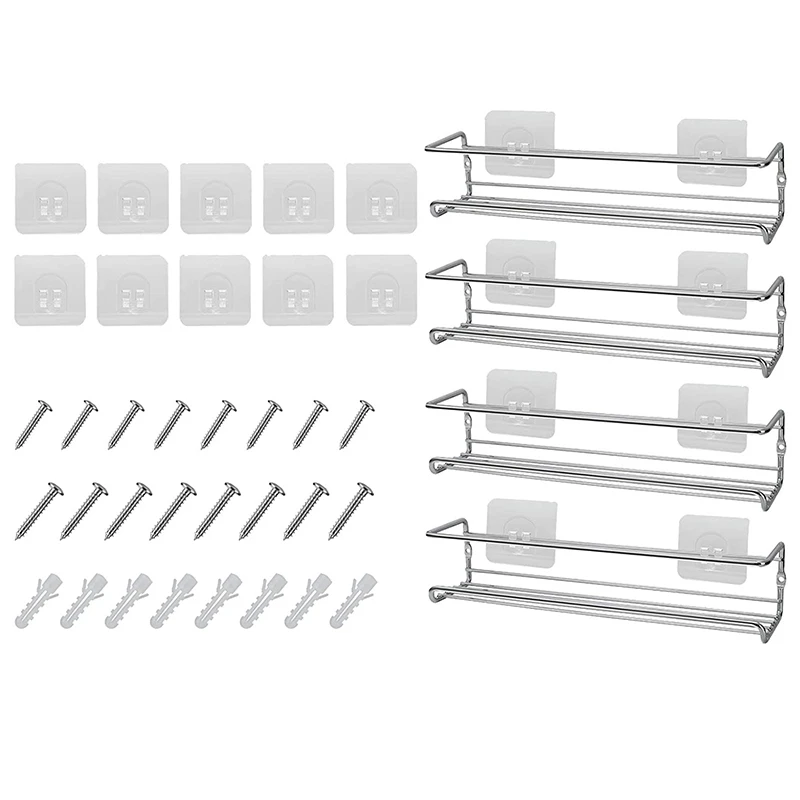 

4Pcs No Drilling Spice Rack,Kitchen Rack for the Wall Self-Adhesive Spices Kitchen Organizer Bathroom Shelf Storage