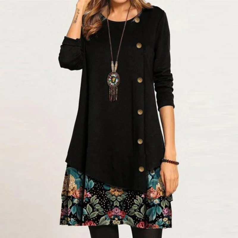 

5XL Retro O Neck Button Design Mini Dress Women Elegant Patchwork Print Party Dress Spring Loose Long Sleeve A-Line Dress Mujer