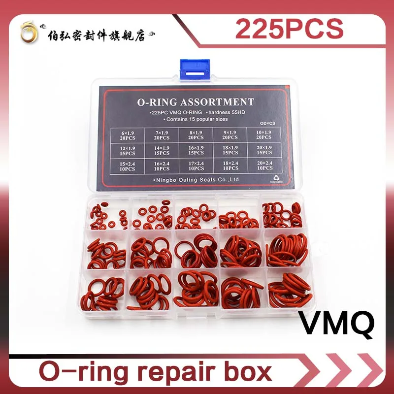 

Red Silicone Rubber 225pcs O Rings VMQ Seal Silicon Washer Rubber oring Sealing O-rings set Assortment Kit Set Box Ring