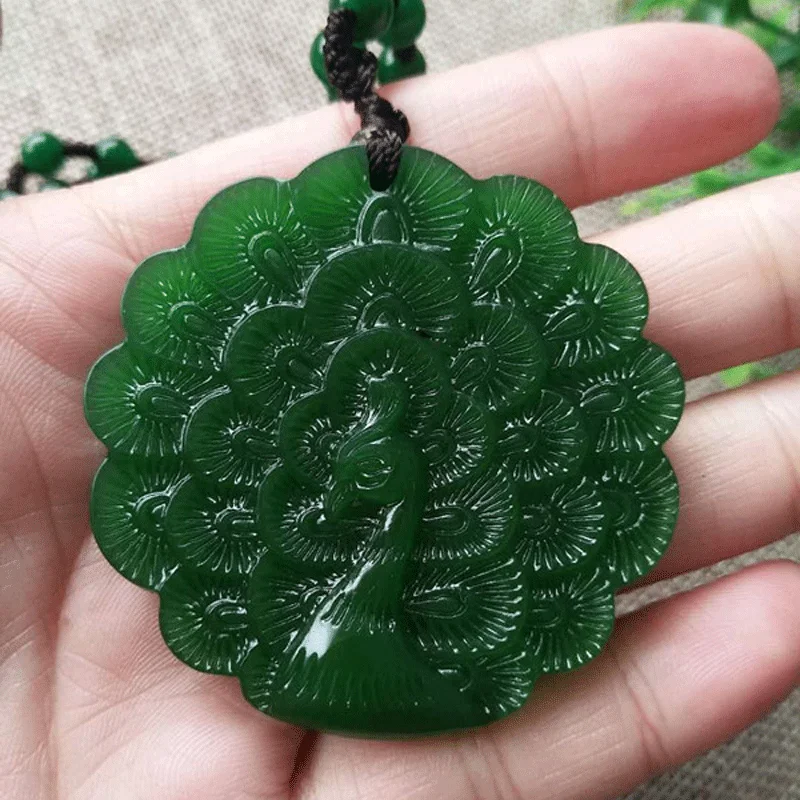 Women Necklace Pendant Green White Nephrite Jade Carved Peacock Open Screen Gift for Female Fashion Jewelry | Украшения и