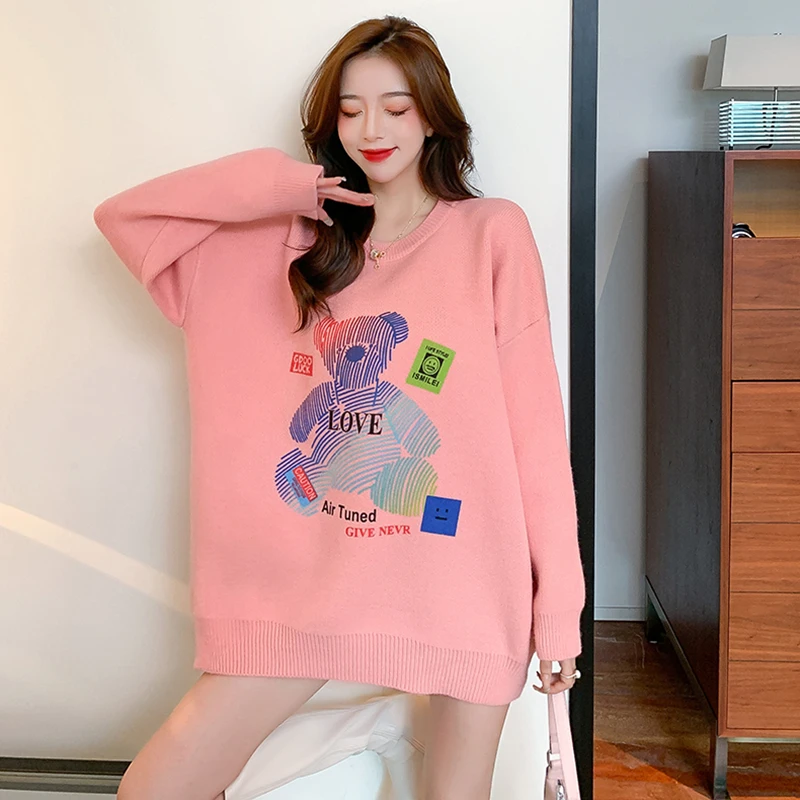 

Harajuku Sweaters Women's Autumn Winter Oversize Pullovers Off Shoulder Knitwear Cute Bear Knit Sweater Loose Cartoon Tops